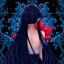 An enchanting anime-style image of a girl with long, flowing black hair viewed from behind