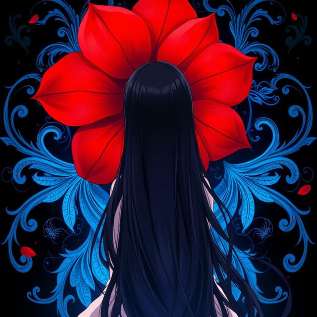 An enchanting anime-style image of a girl with long, flowing black hair viewed from behind