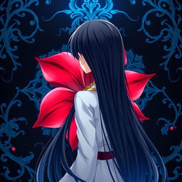 An enchanting anime-style image of a girl with long, flowing black hair viewed from behind