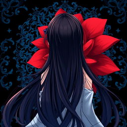 An enchanting anime-style image of a girl with long, flowing black hair viewed from behind