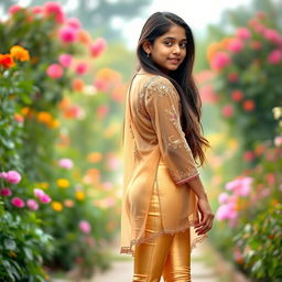 A stylish portrait of a 16-year-old Indian girl in a contemporary outfit, featuring tightly fitted golden leggings that shimmer in the light and a transparent short kurta that flows gracefully