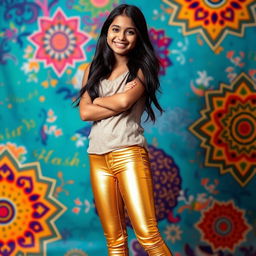 A stylish Indian teenage girl, around 16 years old, dressed in tight-fitting golden leggings paired with a chic, modern top