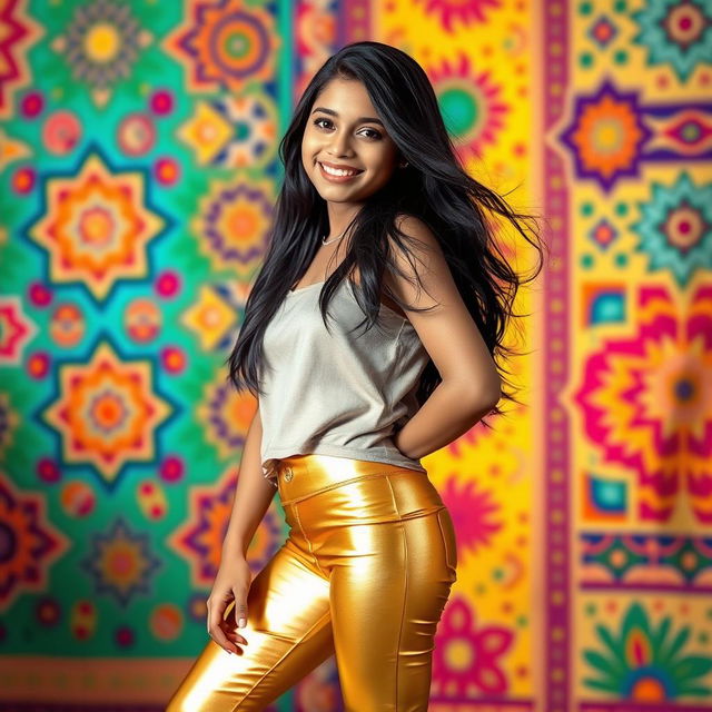 A stylish Indian teenage girl, around 16 years old, dressed in tight-fitting golden leggings paired with a chic, modern top