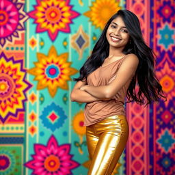 A stylish Indian teenage girl, around 16 years old, dressed in tight-fitting golden leggings paired with a chic, modern top