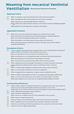 A detailed checklist for weaning from mechanical ventilation, presented in a clean and organized format
