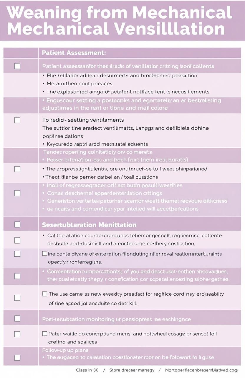 A detailed checklist for weaning from mechanical ventilation, presented in a clean and organized format