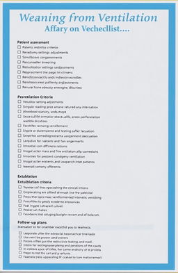 A detailed checklist for weaning from mechanical ventilation, presented in a clean and organized format