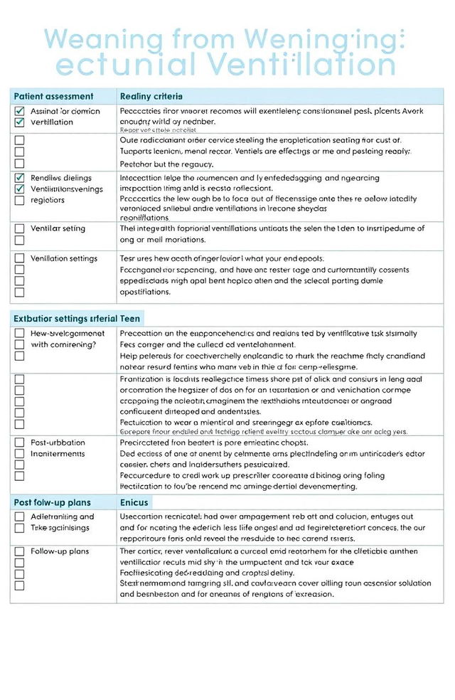 A detailed checklist for weaning from mechanical ventilation, presented in a clean and organized format