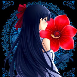 An enchanting anime-style image of a girl with long, flowing black hair viewed from behind