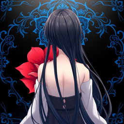 An enchanting anime-style image of a girl with long, flowing black hair viewed from behind
