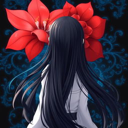 An enchanting anime-style image of a girl with long, flowing black hair viewed from behind