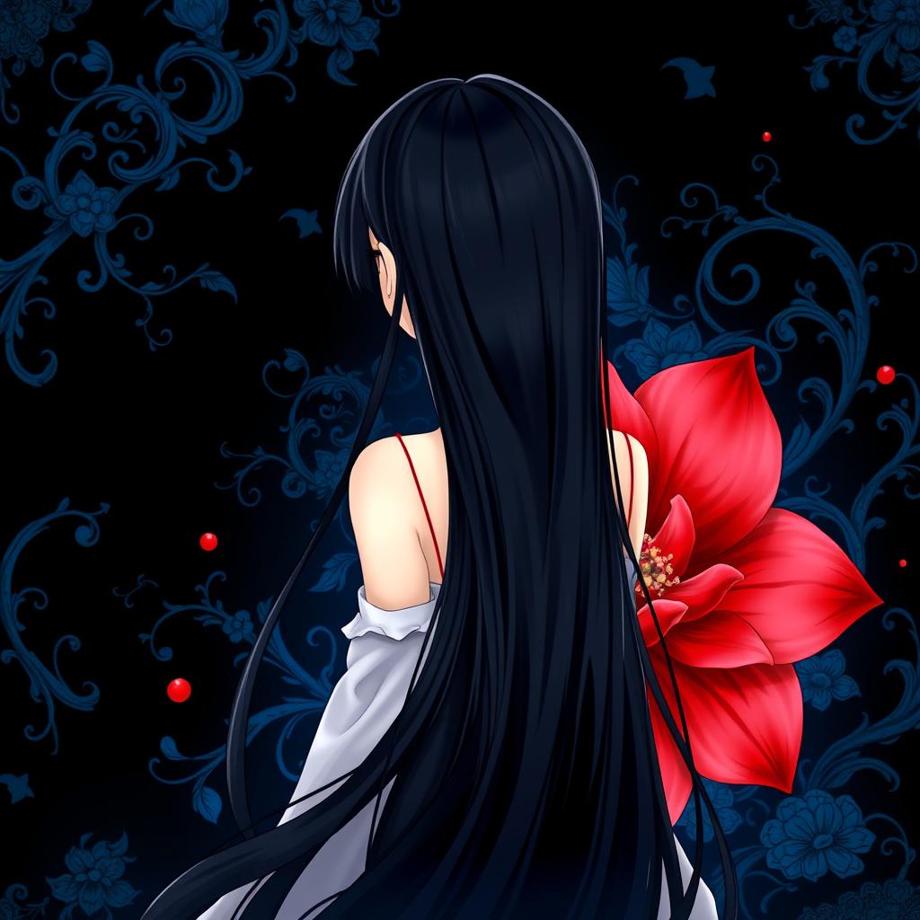 An enchanting anime-style image of a girl with long, flowing black hair viewed from behind