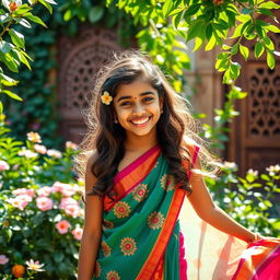 A vibrant scene of a 16-year-old Indian girl, dressed in a colorful traditional saree, spinning joyfully in a lush green garden filled with blooming flowers