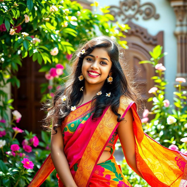 A vibrant scene of a 16-year-old Indian girl, dressed in a colorful traditional saree, spinning joyfully in a lush green garden filled with blooming flowers