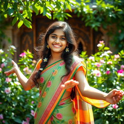 A vibrant scene of a 16-year-old Indian girl, dressed in a colorful traditional saree, spinning joyfully in a lush green garden filled with blooming flowers