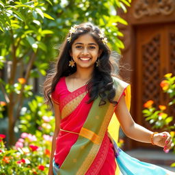 A vibrant scene of a 16-year-old Indian girl, dressed in a colorful traditional saree, spinning joyfully in a lush green garden filled with blooming flowers