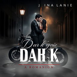 A stunning and captivating dark romance book cover artwork featuring an intense couple locked in an embrace under a dim streetlamp on a dark, cobblestone street