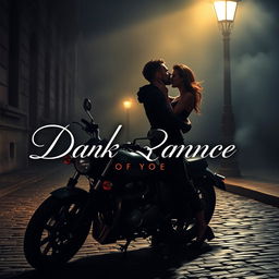 A stunning and captivating dark romance book cover artwork featuring an intense couple locked in an embrace under a dim streetlamp on a dark, cobblestone street