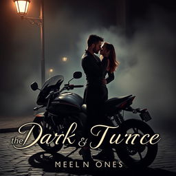 A stunning and captivating dark romance book cover artwork featuring an intense couple locked in an embrace under a dim streetlamp on a dark, cobblestone street