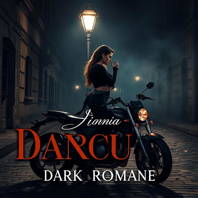 A stunning and captivating dark romance book cover artwork featuring an intense couple locked in an embrace under a dim streetlamp on a dark, cobblestone street