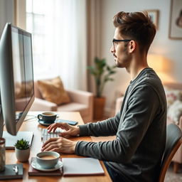 An inviting eBook cover design featuring a close-up view of a person focused on working at a modern computer in a cozy home setting