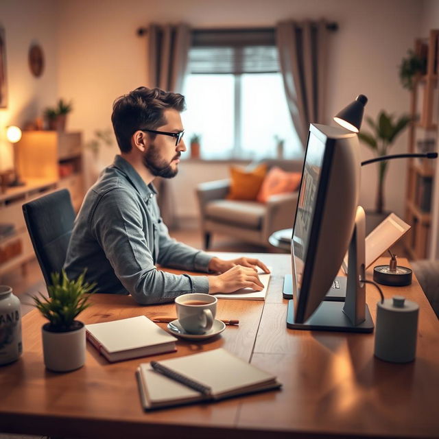 An inviting eBook cover design featuring a close-up view of a person focused on working at a modern computer in a cozy home setting