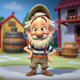An animated version of Don Ramón from El Chavo del 8, characterized by his distinctive appearance with a thin, scruffy beard, wearing a striped shirt, tattered pants, and a cap