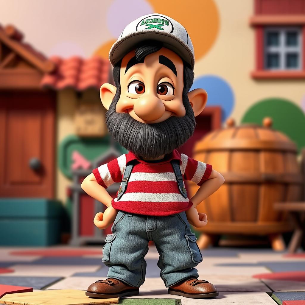 An animated version of Don Ramón from El Chavo del 8, characterized by his distinctive appearance with a thin, scruffy beard, wearing a striped shirt, tattered pants, and a cap