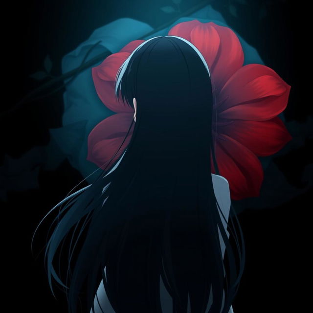 A poignant anime-style image of a girl, fair as snow, with long, flowing black hair viewed from behind