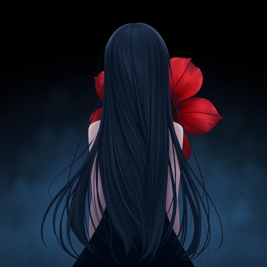 A poignant anime-style image of a girl, fair as snow, with long, flowing black hair viewed from behind