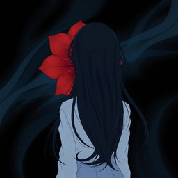 A poignant anime-style image of a girl, fair as snow, with long, flowing black hair viewed from behind