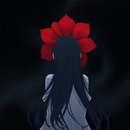 A poignant anime-style image of a girl, fair as snow, with long, flowing black hair viewed from behind