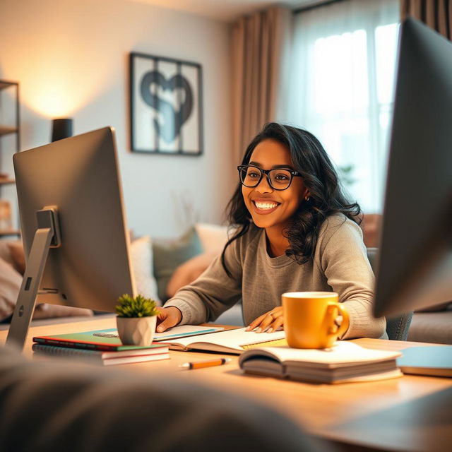 An engaging eBook cover design featuring a close-up view of a happy person working at a modern computer in a cozy home environment