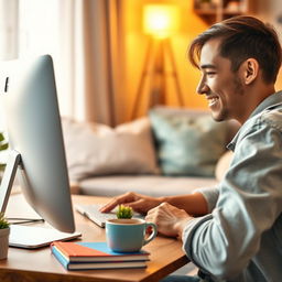 An engaging eBook cover design featuring a close-up view of a happy person working at a modern computer in a cozy home environment