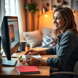 An engaging eBook cover design featuring a close-up view of a happy person working at a modern computer in a cozy home environment