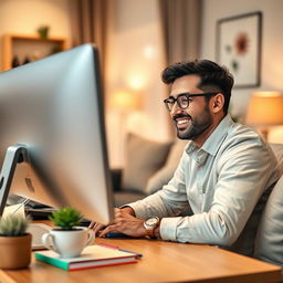 An inviting eBook cover design featuring a close-up view of a happy man working at his modern computer in a cozy home environment