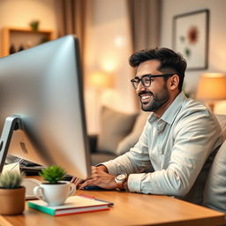 An inviting eBook cover design featuring a close-up view of a happy man working at his modern computer in a cozy home environment