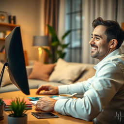 An inviting eBook cover design featuring a close-up view of a happy man working at his modern computer in a cozy home environment