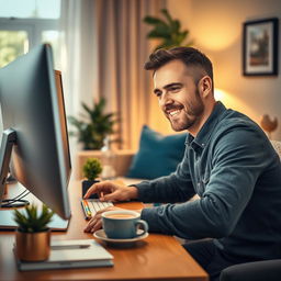 An inviting eBook cover design featuring a close-up view of a happy man working at his modern computer in a cozy home environment
