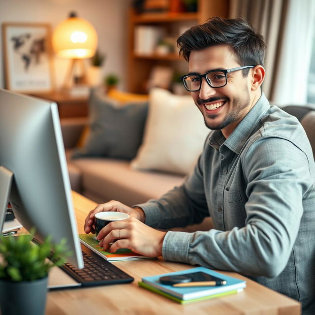 An inviting eBook cover design featuring a close-up view of a happy man working at his modern computer in a cozy home environment