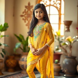 A 16-year-old Indian girl in a stunning outfit, wearing vibrant, form-fitting golden leggings paired with a stylish net kurti that elegantly drapes over her figure