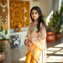 A 16-year-old Indian girl in a stunning outfit, wearing vibrant, form-fitting golden leggings paired with a stylish net kurti that elegantly drapes over her figure