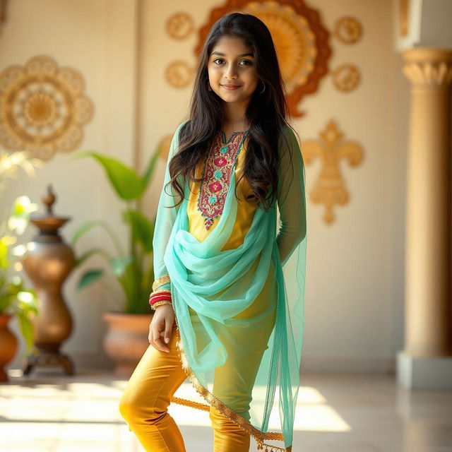 A 16-year-old Indian girl in a stunning outfit, wearing vibrant, form-fitting golden leggings paired with a stylish net kurti that elegantly drapes over her figure