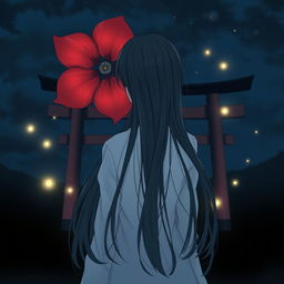 A melancholic anime-style image of a girl, fair as snow, with long, flowing black hair viewed from behind