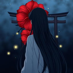 A melancholic anime-style image of a girl, fair as snow, with long, flowing black hair viewed from behind