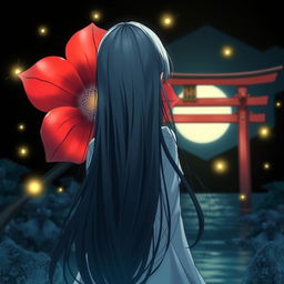 A melancholic anime-style image of a girl, fair as snow, with long, flowing black hair viewed from behind