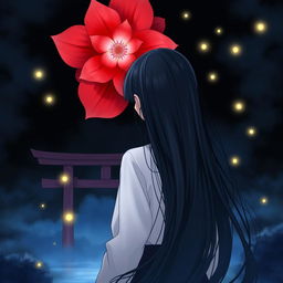A melancholic anime-style image of a girl, fair as snow, with long, flowing black hair viewed from behind