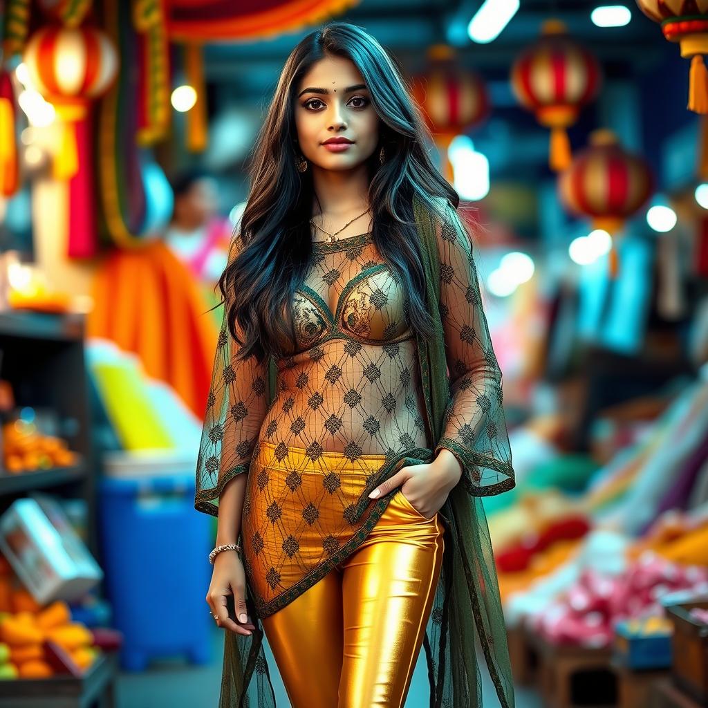 A stylish Indian girl wearing elegant gold leggings paired with a beautifully designed net kurti that subtly reveals a fashionable bra underneath, showcasing a vibrant and confident look