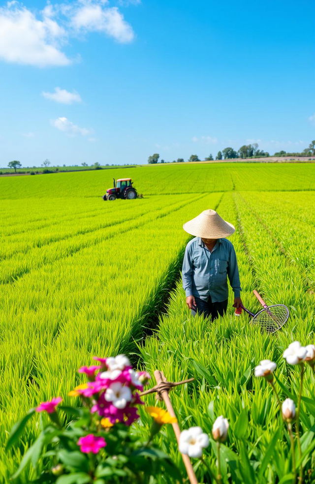 An expansive and vibrant agriculture and plantation management scene showcasing diverse crops like rice, corn, and cotton fields under a clear blue sky