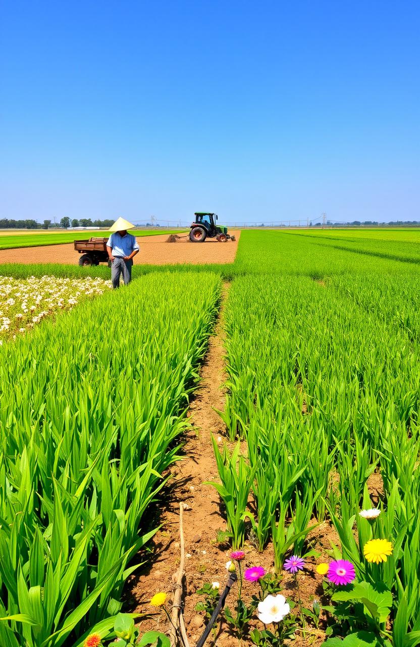 An expansive and vibrant agriculture and plantation management scene showcasing diverse crops like rice, corn, and cotton fields under a clear blue sky